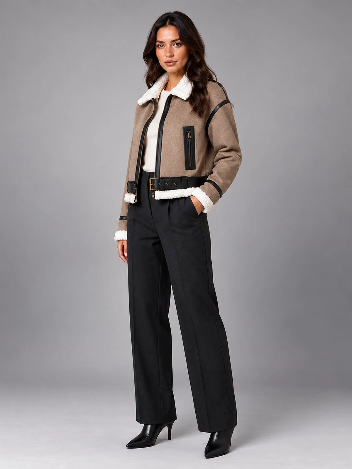 Women's Cropped Aviator Jacket – Faux Suede Teddy Lined - Khaki