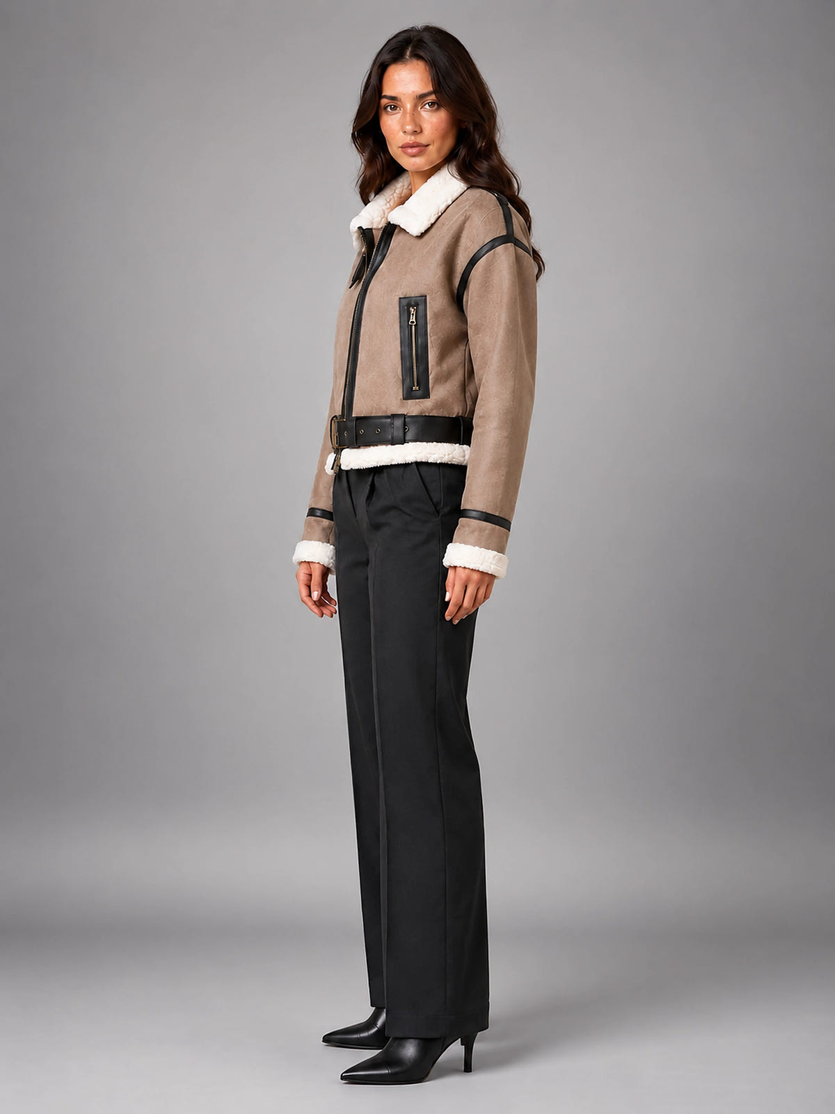 Women's Cropped Aviator Jacket – Faux Suede Teddy Lined - Khaki