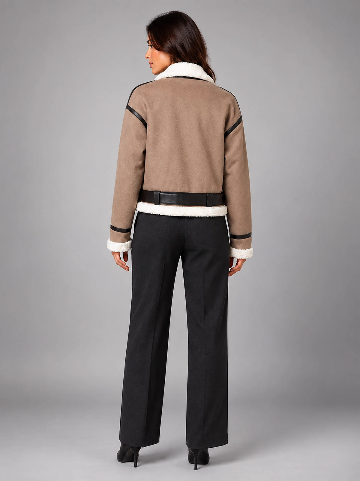 Women's Cropped Aviator Jacket – Faux Suede Teddy Lined - Khaki