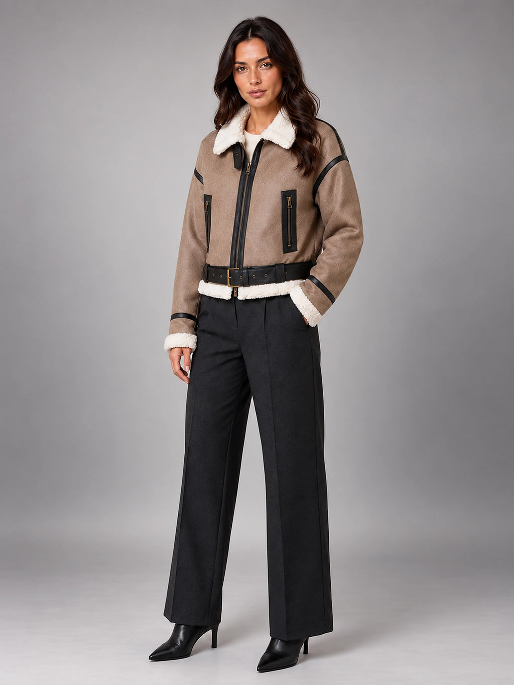 Women's Cropped Aviator Jacket – Faux Suede Teddy Lined - Brown