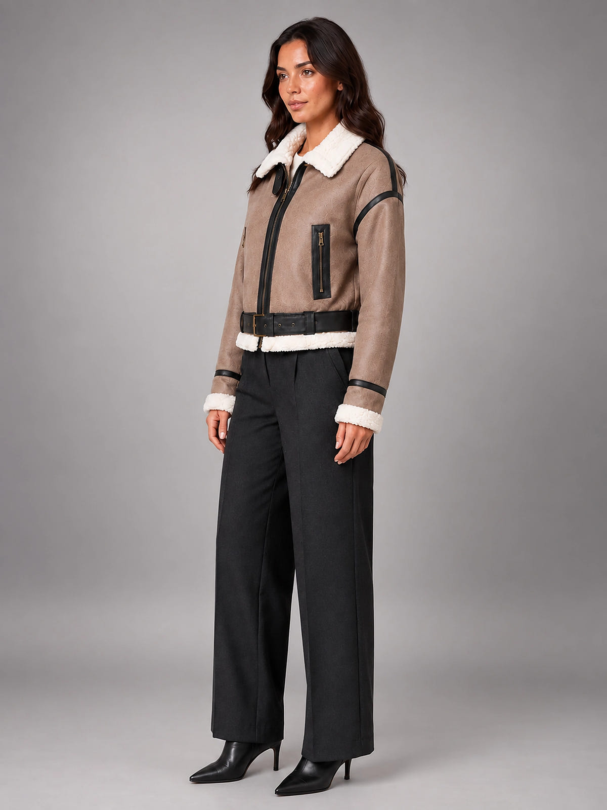 Women's Cropped Aviator Jacket – Faux Suede Teddy Lined - Brown