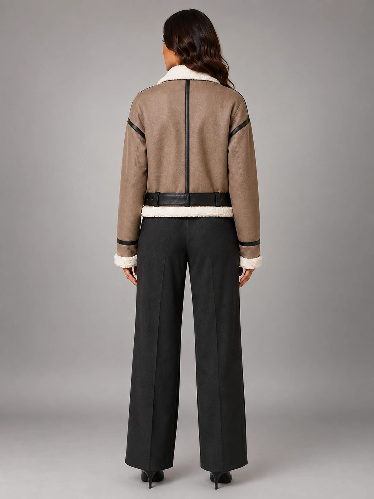 Women's Cropped Aviator Jacket – Faux Suede Teddy Lined - Brown