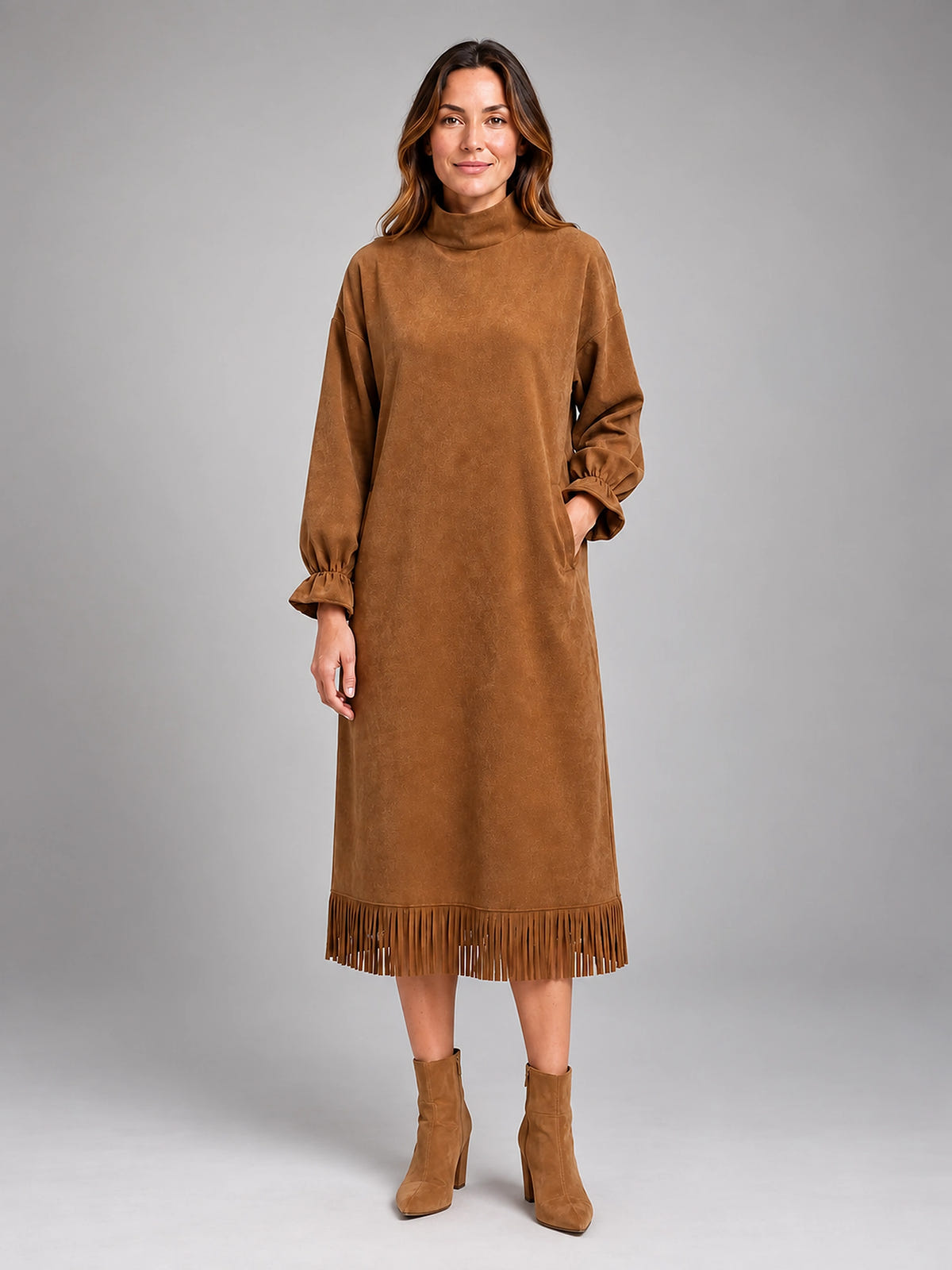 Women's Faux Suede Midi Dress – High Neck Fringe Hem - Khaki