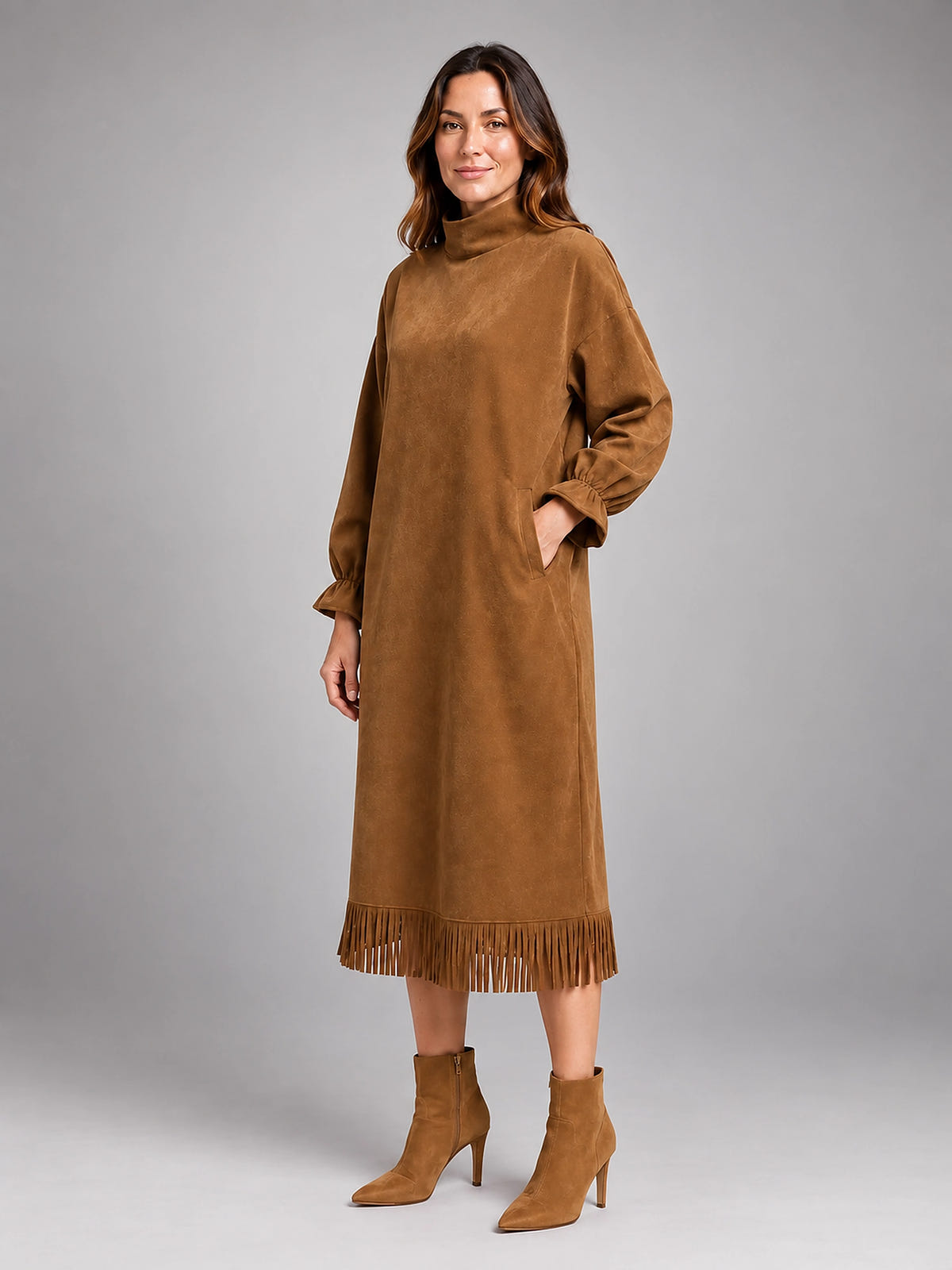Women's Faux Suede Midi Dress – High Neck Fringe Hem - Khaki