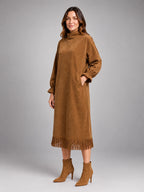 Women's Faux Suede Midi Dress – High Neck Fringe Hem - Khaki
