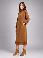 Women's Faux Suede Midi Dress – High Neck Fringe Hem - Khaki