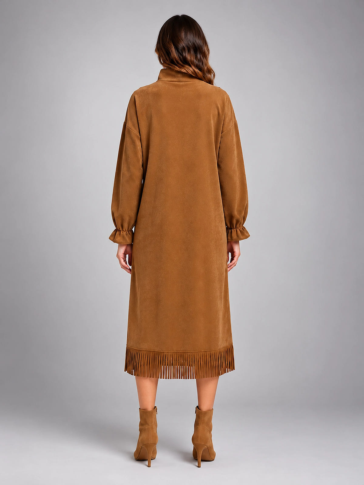 Women's Faux Suede Midi Dress – High Neck Fringe Hem - Khaki