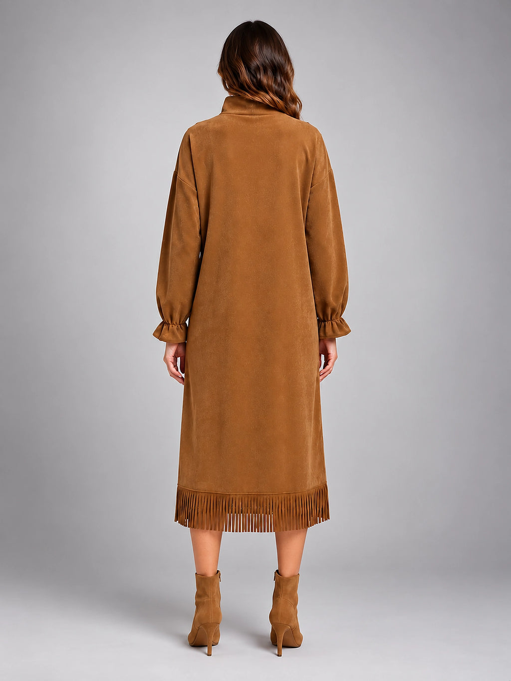 Women's Faux Suede Midi Dress – High Neck Fringe Hem - Khaki