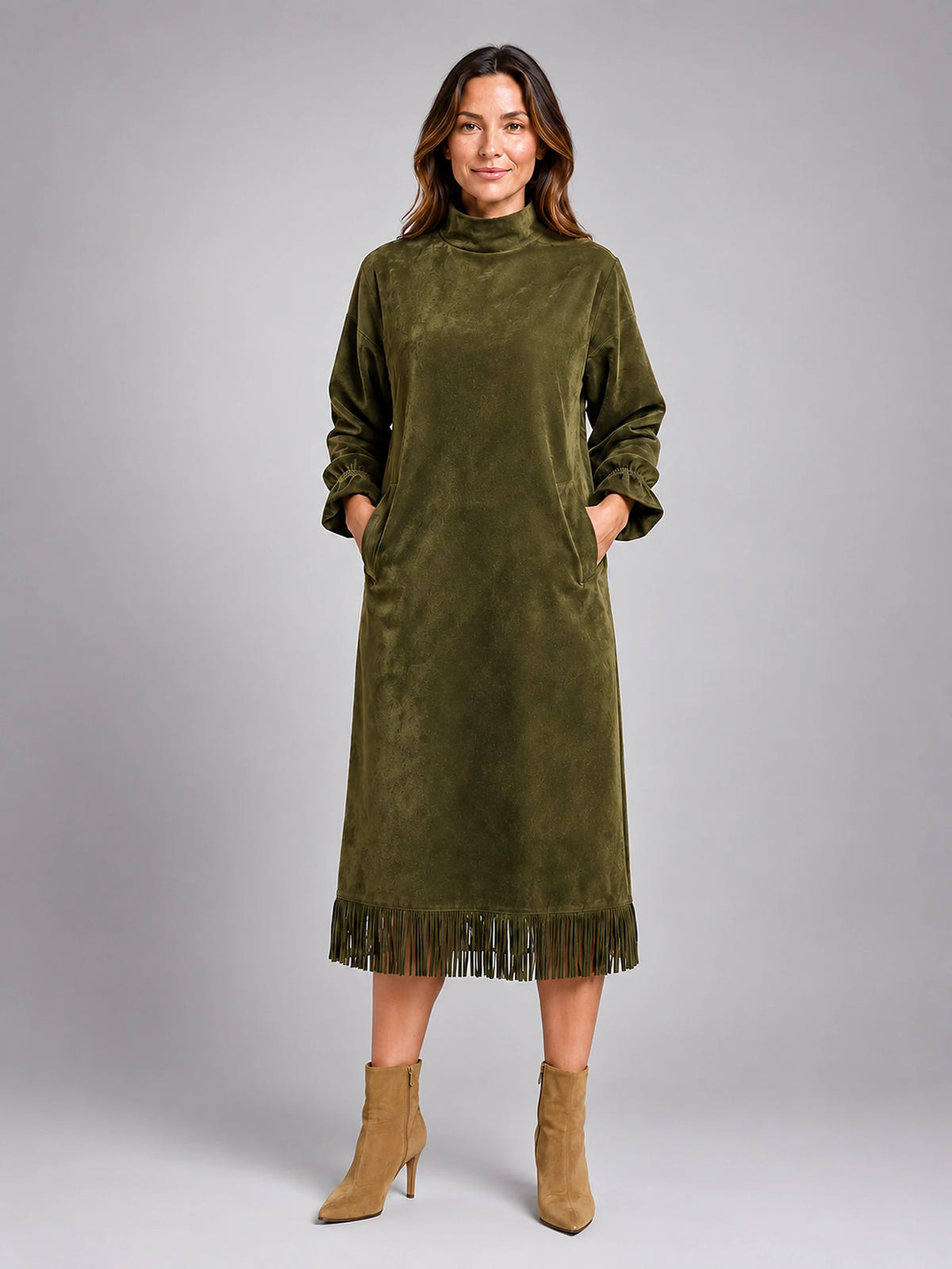 Women's Faux Suede Midi Dress – High Neck Fringe Hem - Olive Green