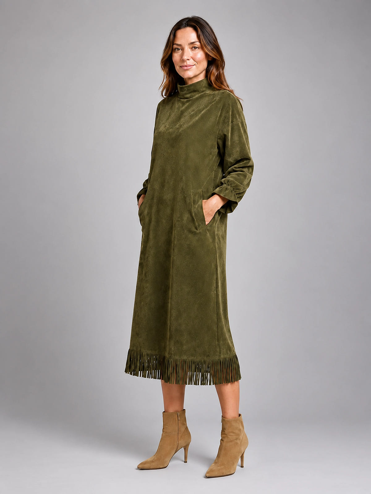 Women's Faux Suede Midi Dress – High Neck Fringe Hem - Olive Green
