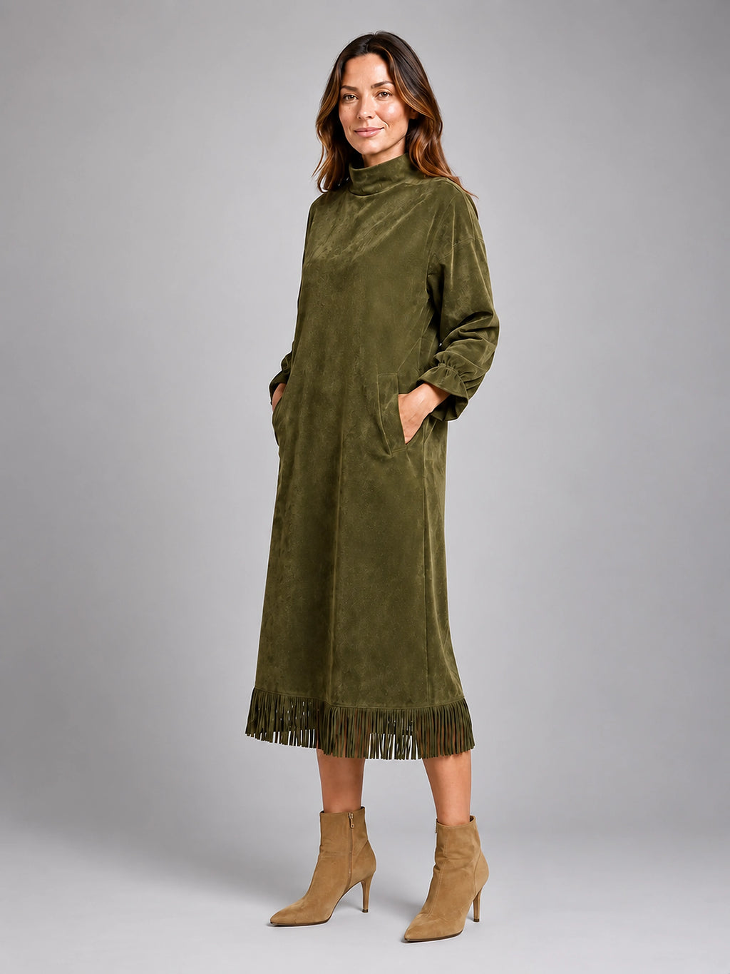 Women's Faux Suede Midi Dress – High Neck Fringe Hem - Olive Green