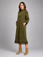 Women's Faux Suede Midi Dress – High Neck Fringe Hem - Olive Green