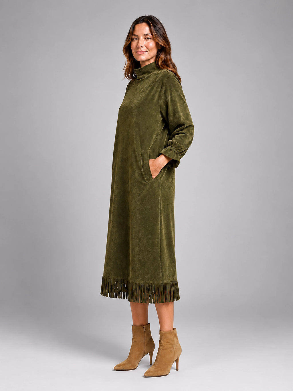 Women's Faux Suede Midi Dress – High Neck Fringe Hem - Olive Green