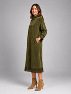 Women's Faux Suede Midi Dress – High Neck Fringe Hem - Olive Green