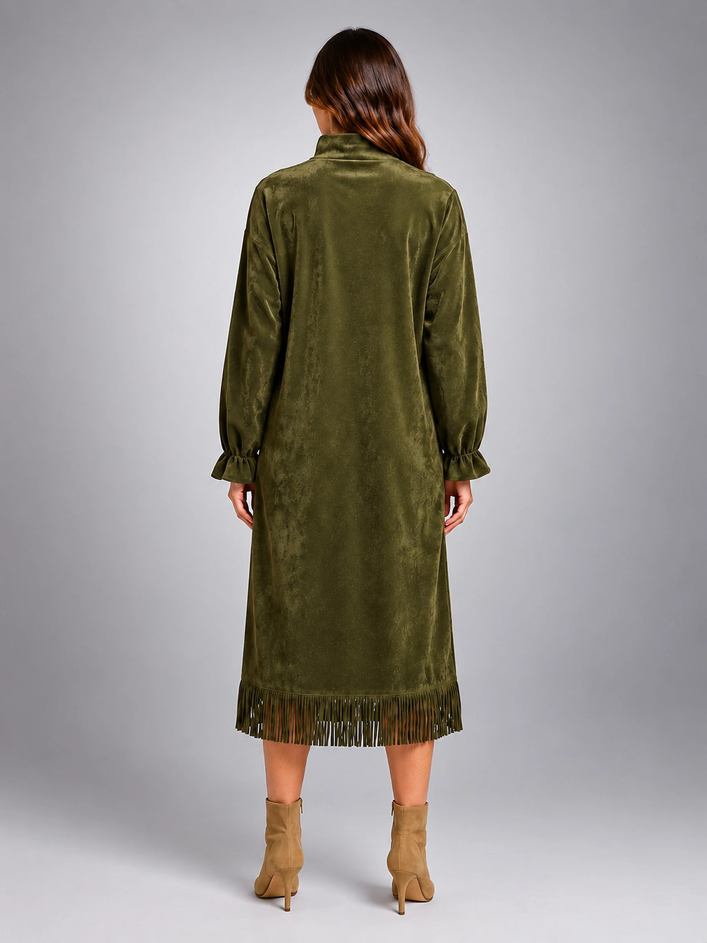 Women's Faux Suede Midi Dress – High Neck Fringe Hem - Olive Green