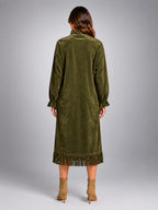 Women's Faux Suede Midi Dress – High Neck Fringe Hem - Olive Green