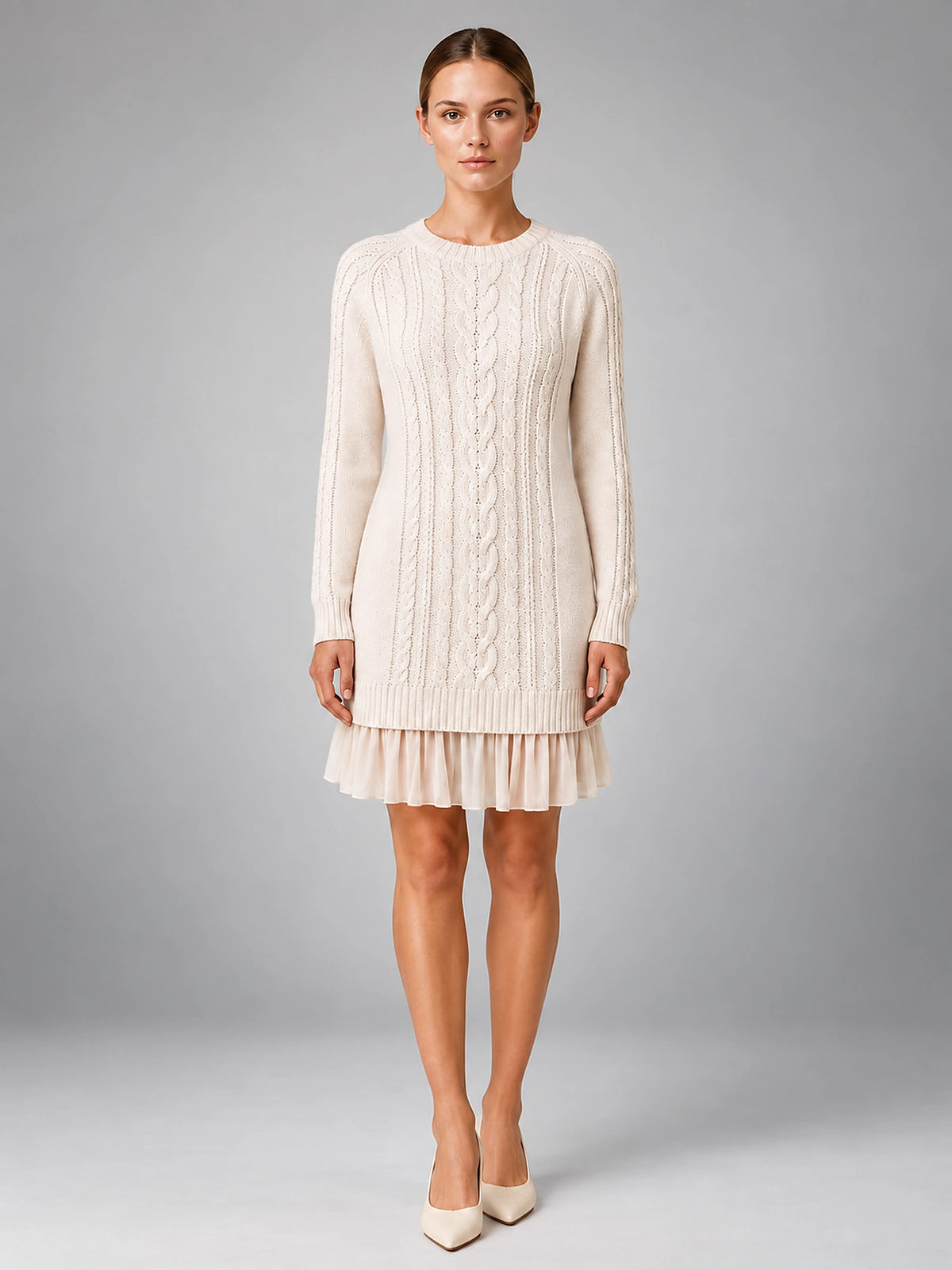 Women's Cable Knit Mini Dress – Accordion Pleated Hem - Cream