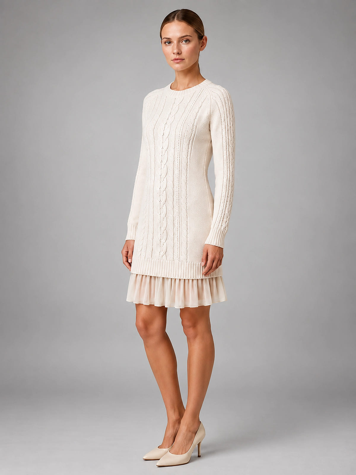 Women's Cable Knit Mini Dress – Accordion Pleated Hem - Cream