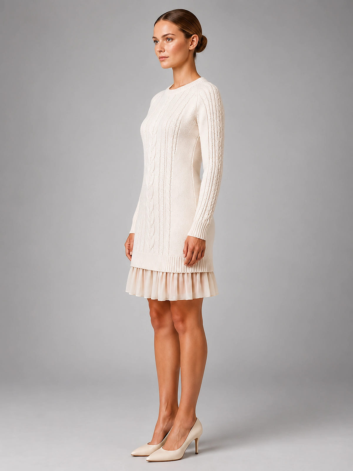 Women's Cable Knit Mini Dress – Accordion Pleated Hem - Cream