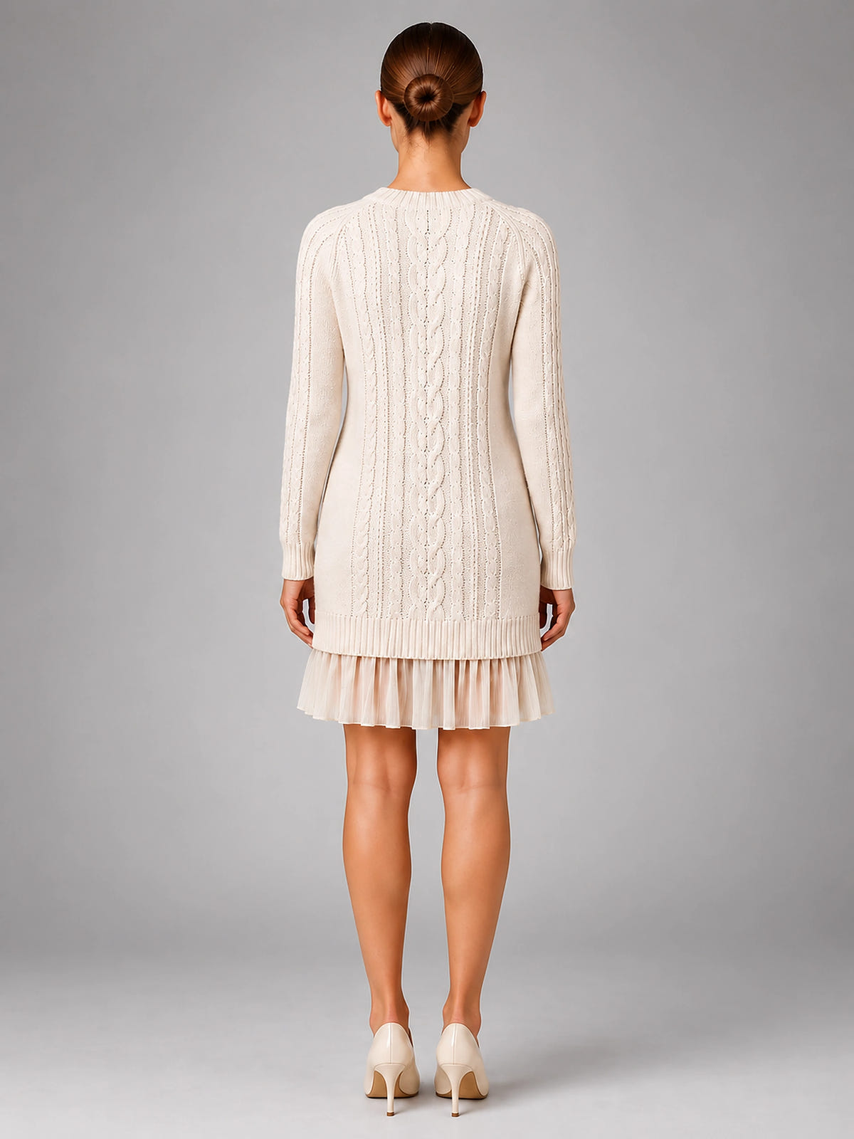 Women's Cable Knit Mini Dress – Accordion Pleated Hem - Cream