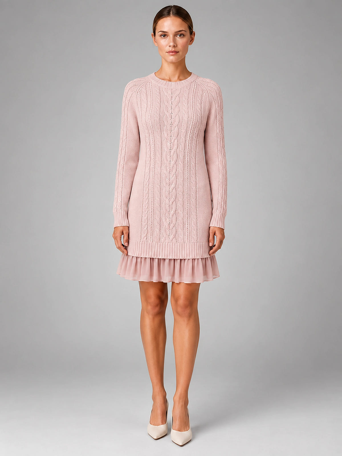 Women's Cable Knit Mini Dress – Accordion Pleated Hem - Pink