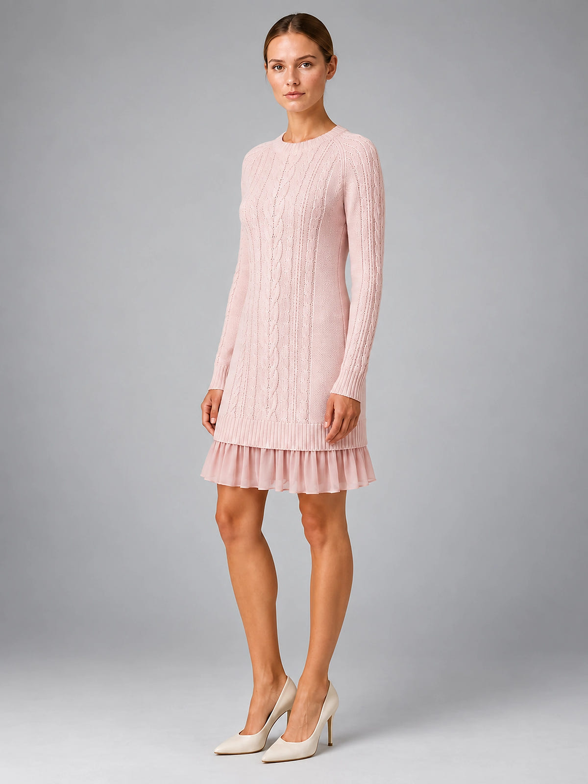 Women's Cable Knit Mini Dress – Accordion Pleated Hem - Pink