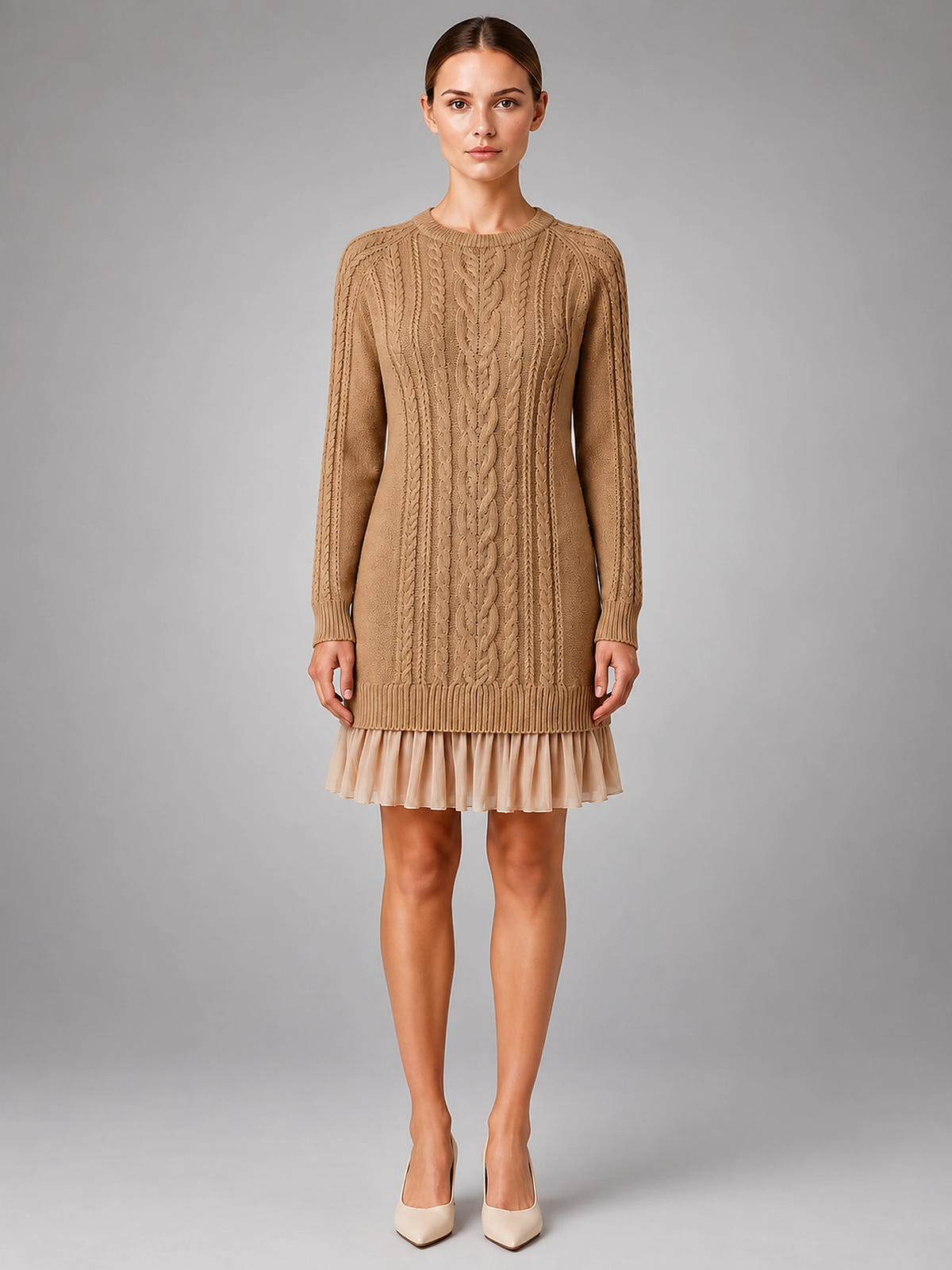 Women's Cable Knit Mini Dress – Accordion Pleated Hem - Khaki