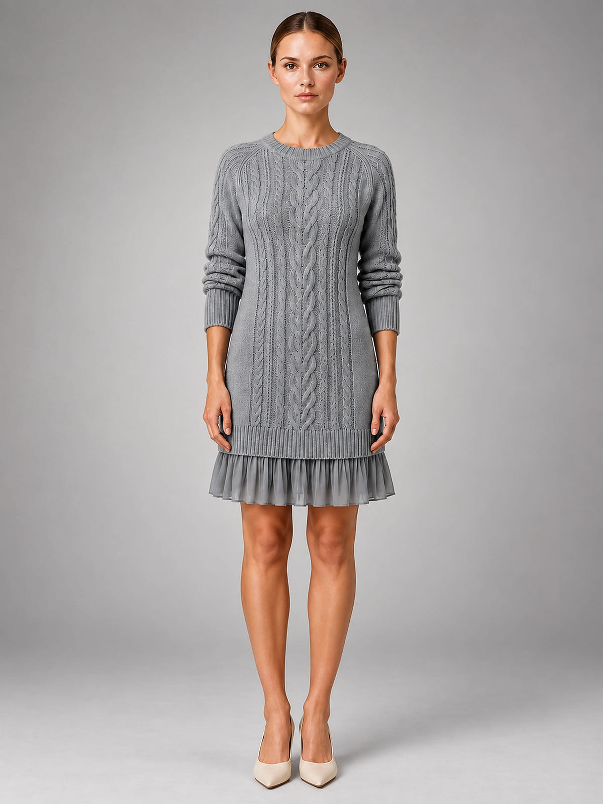 Women's Cable Knit Mini Dress – Accordion Pleated Hem - Gray