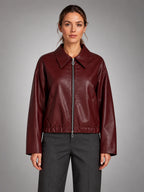 Women's Cropped Faux Leather Jacket – Zip Front Pockets - Burgundy