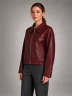 Women's Cropped Faux Leather Jacket – Zip Front Pockets - Burgundy