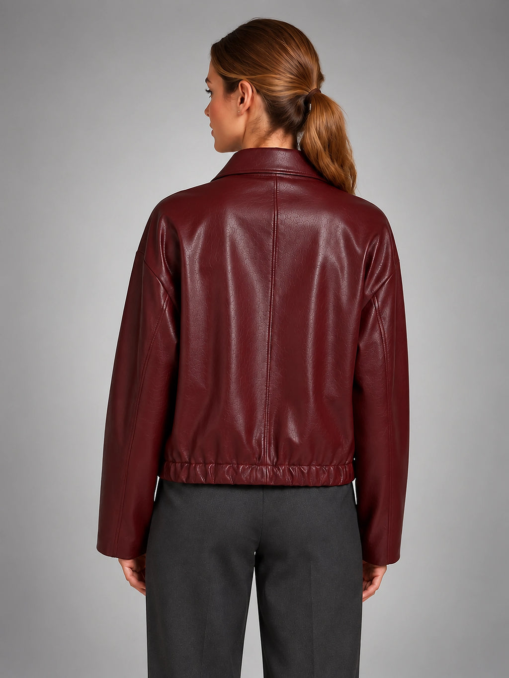 Women's Cropped Faux Leather Jacket – Zip Front Pockets - Burgundy