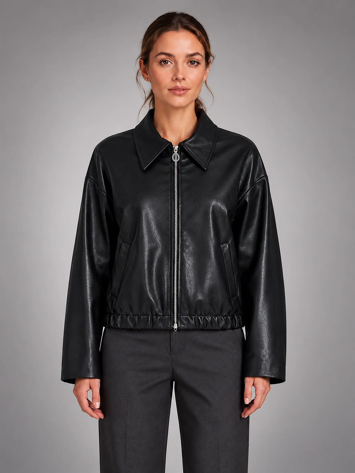 Women's Cropped Faux Leather Jacket – Zip Front Pockets - Black