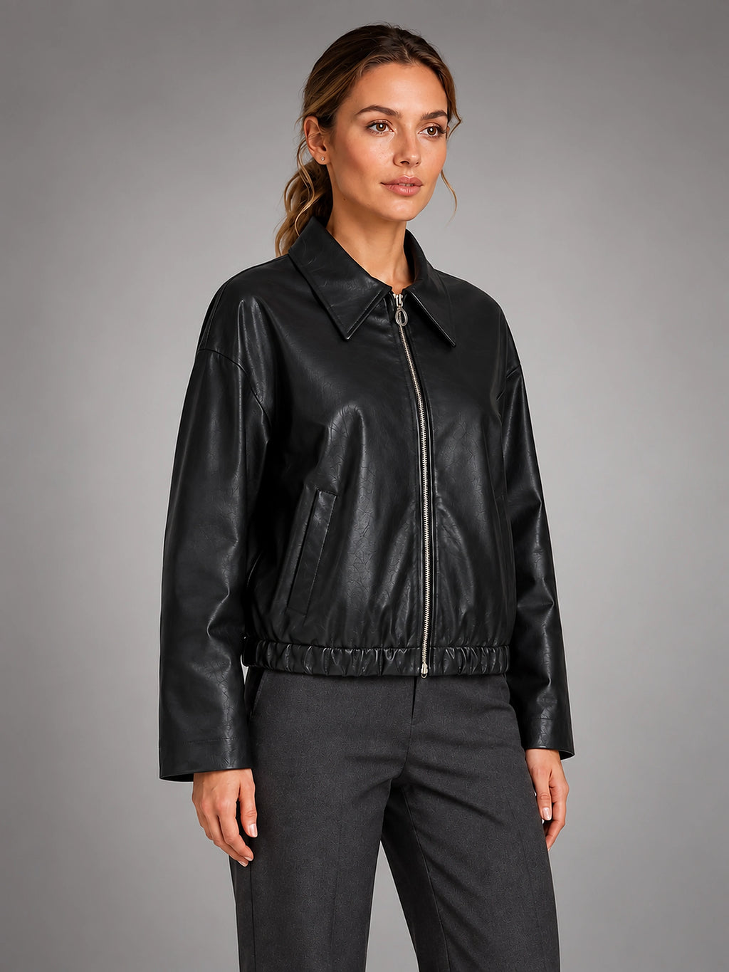 Women's Cropped Faux Leather Jacket – Zip Front Pockets - Black