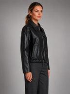 Women's Cropped Faux Leather Jacket – Zip Front Pockets - Black