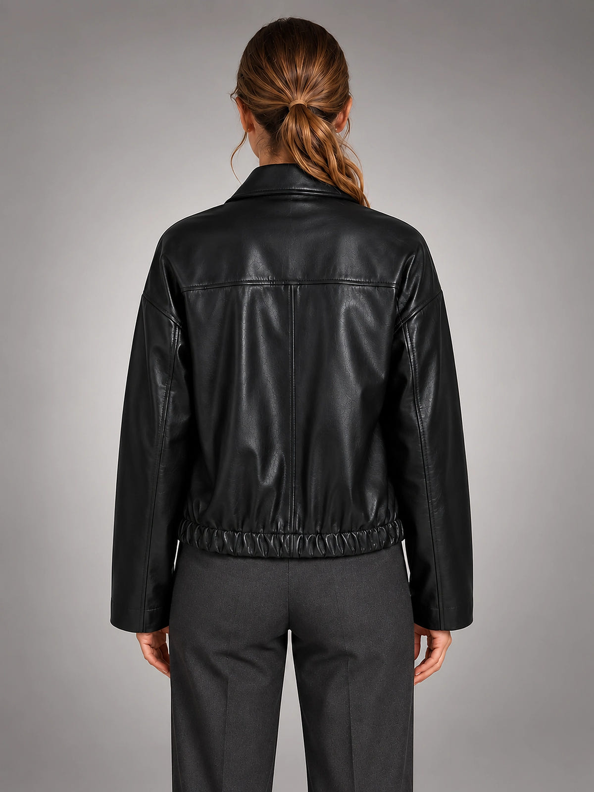 Women's Cropped Faux Leather Jacket – Zip Front Pockets - Black