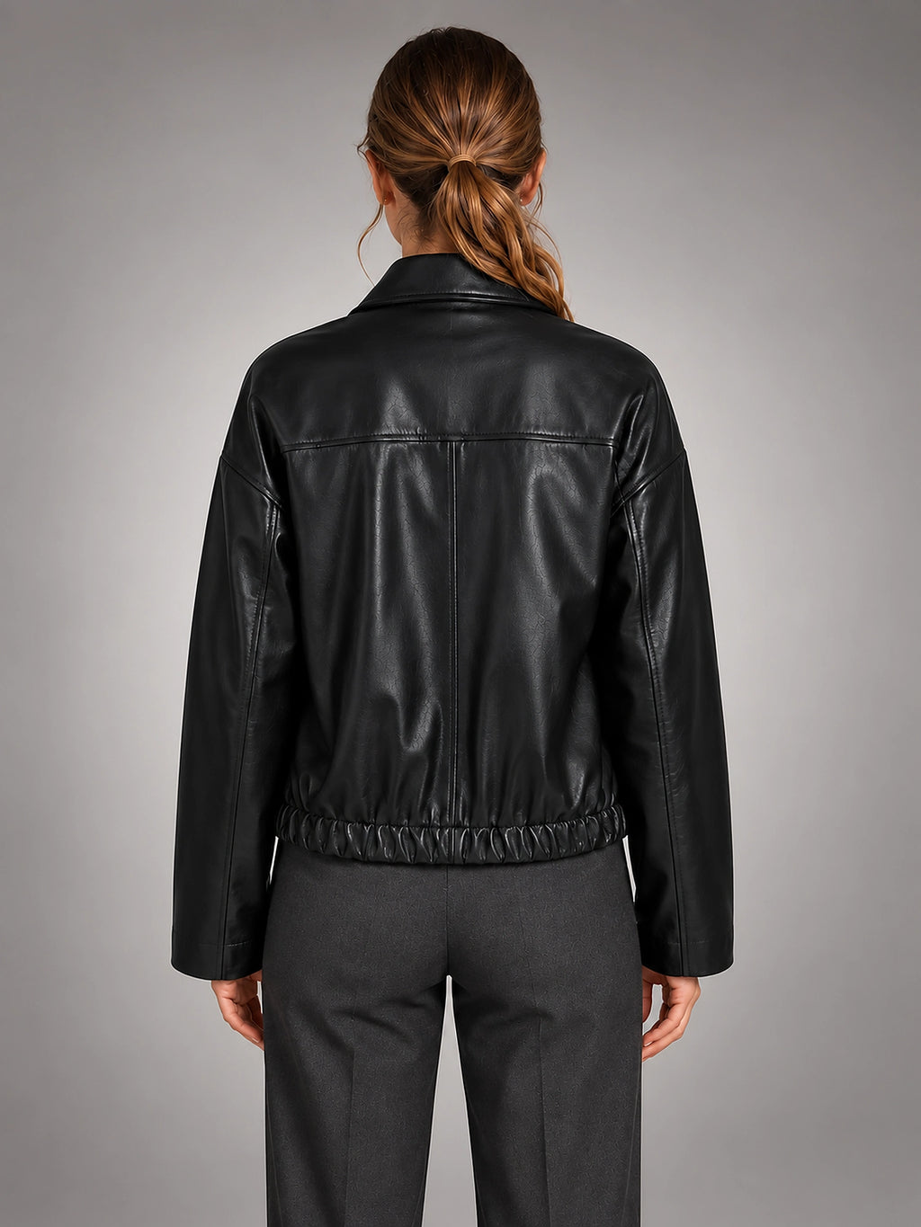Women's Cropped Faux Leather Jacket – Zip Front Pockets - Black