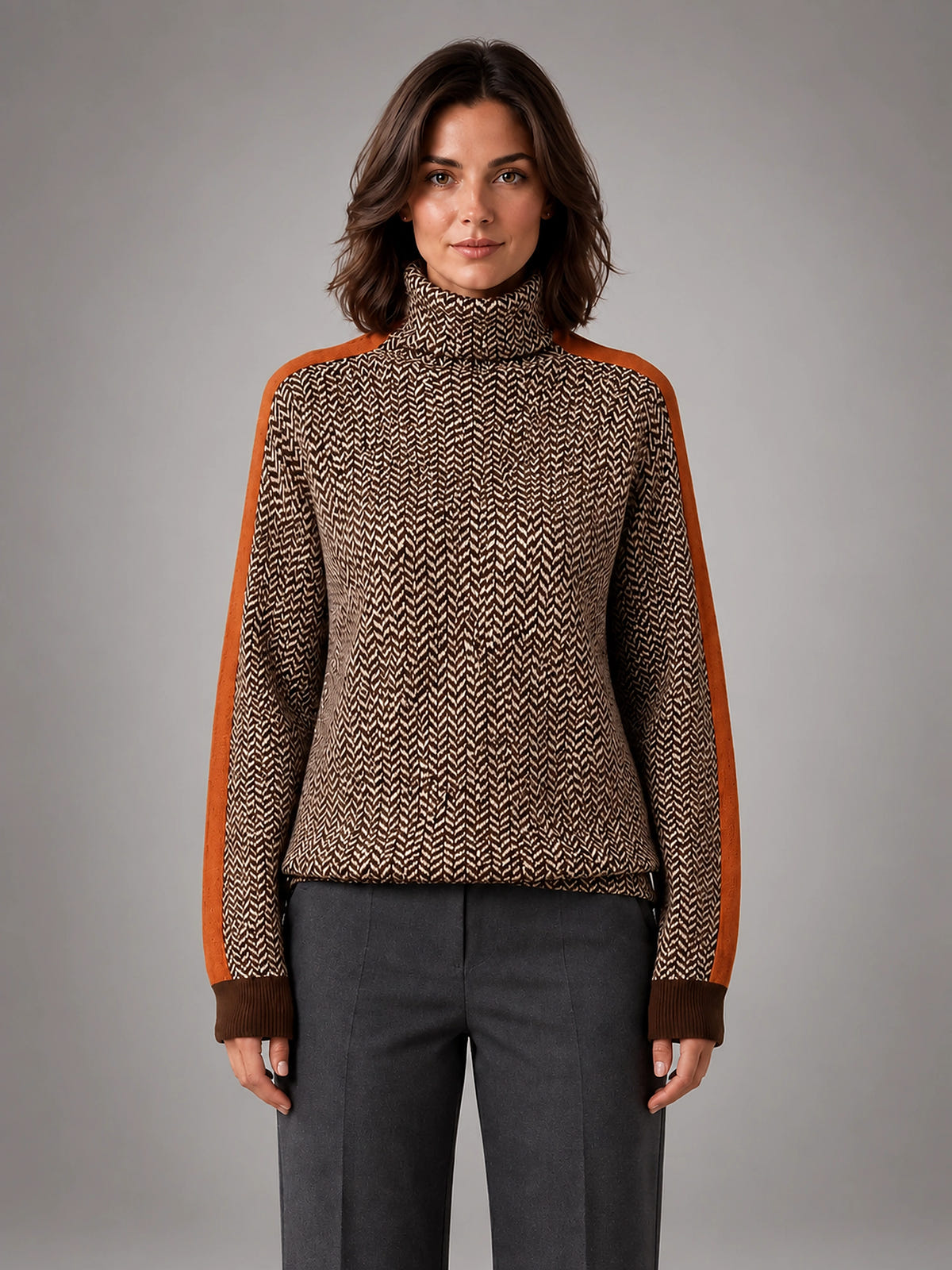 Women's Herringbone Sweater – Soft Knit Turtleneck - Orange