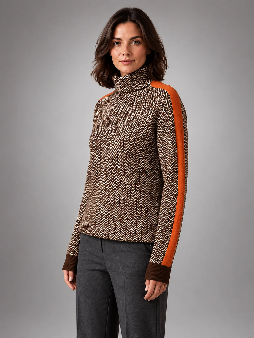 Women's Herringbone Sweater – Soft Knit Turtleneck - Orange