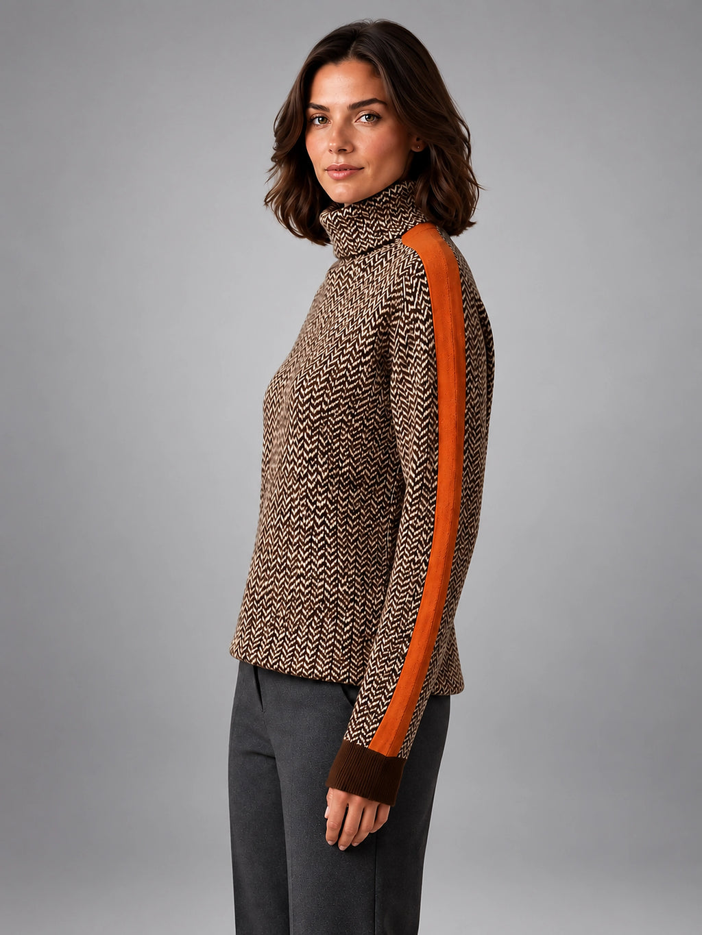 Women's Herringbone Sweater – Soft Knit Turtleneck - Orange