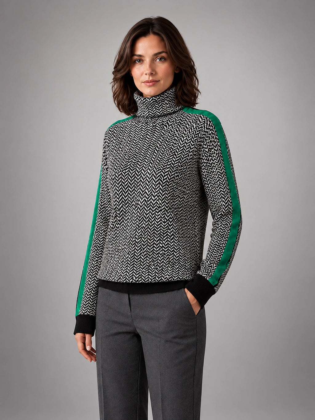 Women's Herringbone Sweater – Soft Knit Turtleneck - Green