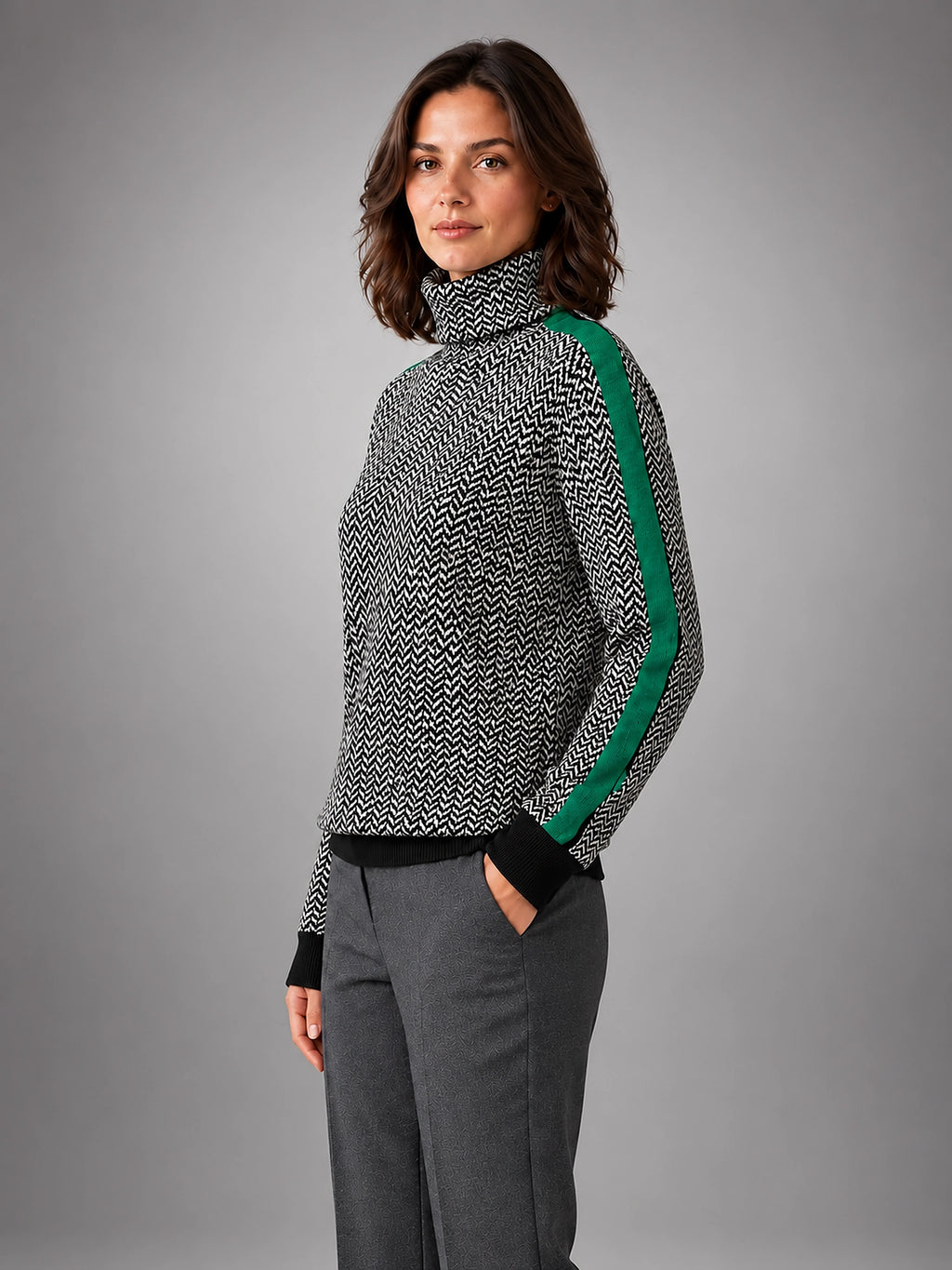 Women's Herringbone Sweater – Soft Knit Turtleneck - Green