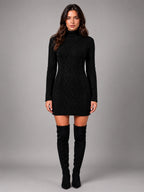 Women's Cable Knit Sweater Dress – Turtleneck Style - Black