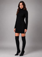 Women's Cable Knit Sweater Dress – Turtleneck Style - Black