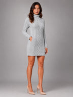 Women's Cable Knit Sweater Dress – Turtleneck Style - Gray