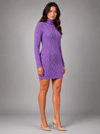 Women's Cable Knit Sweater Dress – Turtleneck Style - Lilac
