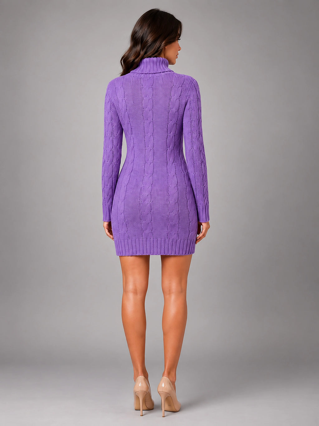 Women's Cable Knit Sweater Dress – Turtleneck Style - Lilac