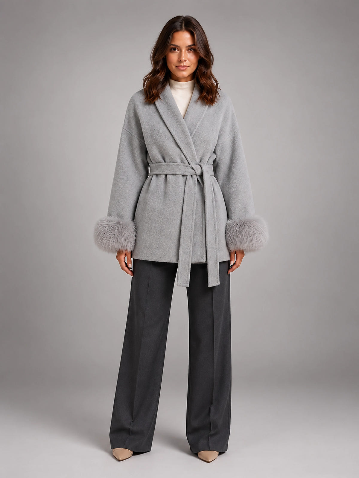 Women's Wool Blend Wrap Coat – Shawl Collar Faux Fur Cuffs - Gray