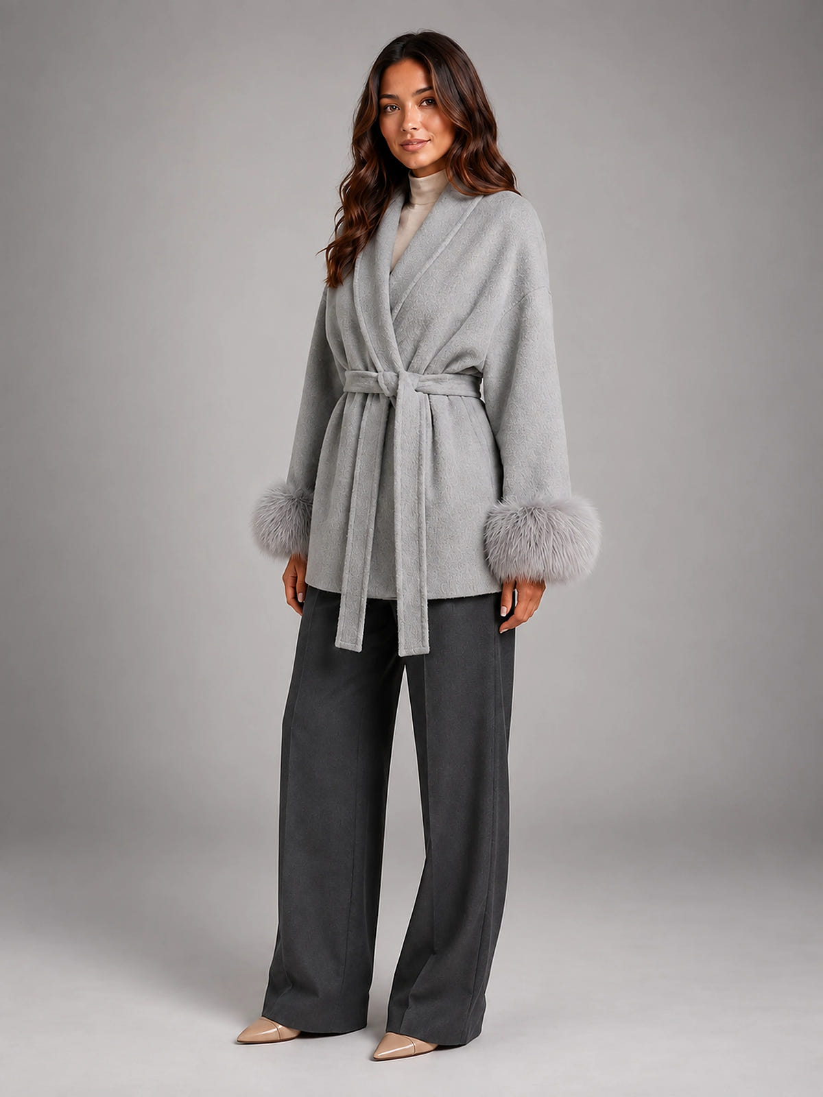Women's Wool Blend Wrap Coat – Shawl Collar Faux Fur Cuffs - Gray