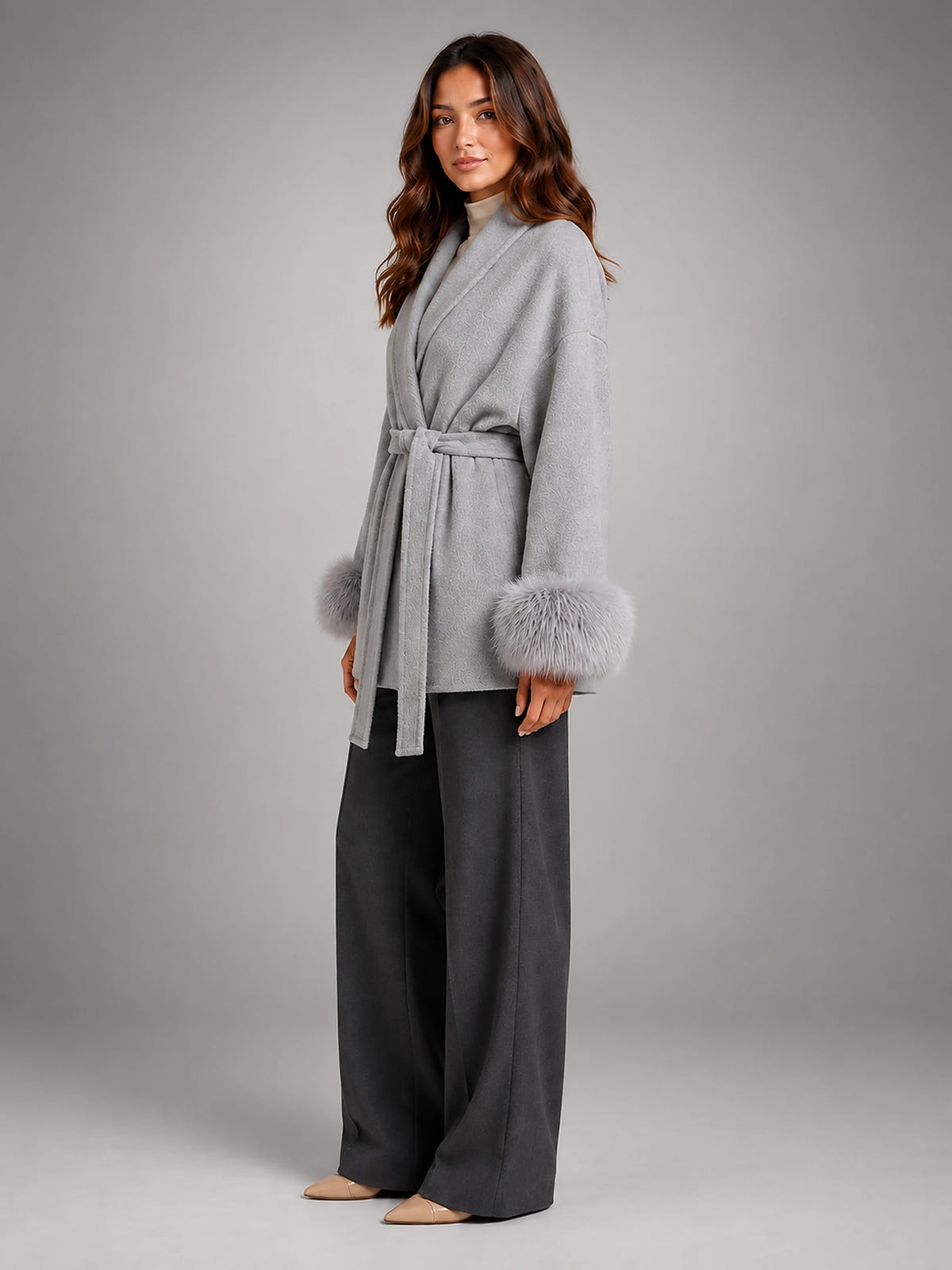Women's Wool Blend Wrap Coat – Shawl Collar Faux Fur Cuffs - Gray