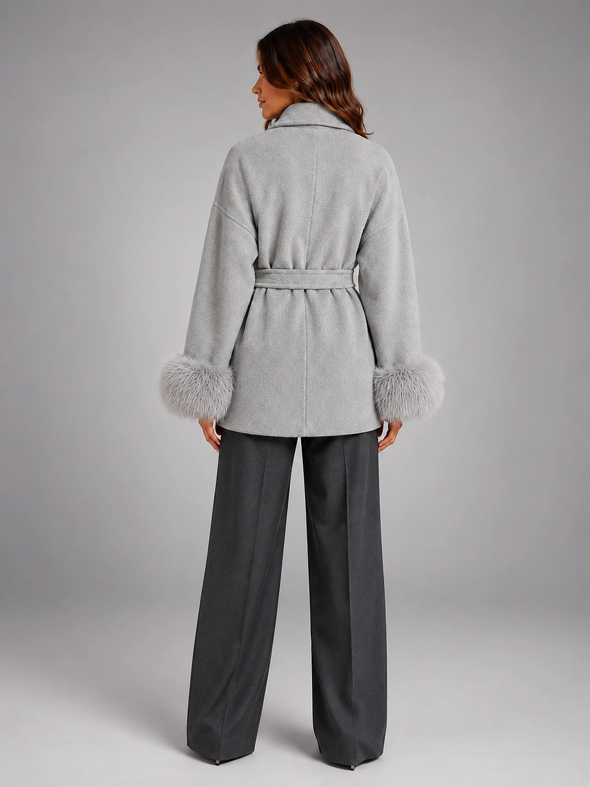 Women's Wool Blend Wrap Coat – Shawl Collar Faux Fur Cuffs - Gray